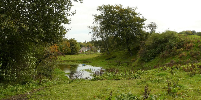 Lush green landscape with a small pond, surrounded by trees and distant cottages.
