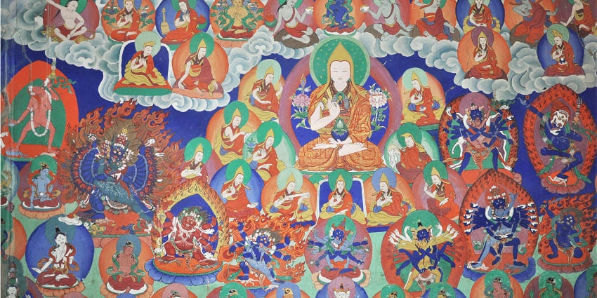 View of a vibrant cultural painting hanging on the wall of Mune monastery