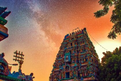 An astonishing view of the vibrantly coloured spiritual hub in the region of Tamil Nadu.