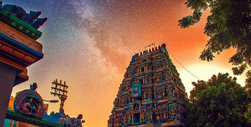 An astonishing view of the vibrantly coloured spiritual hub in the region of Tamil Nadu.