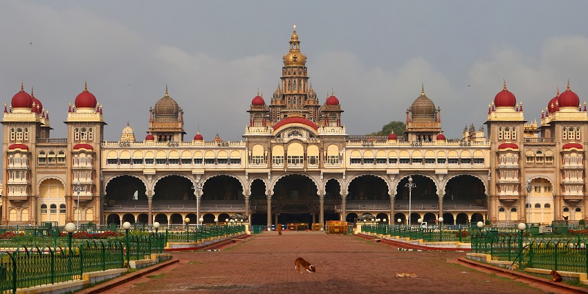 The front facade of Mysore Palace bathed in morning light, showcasing its grandeur.