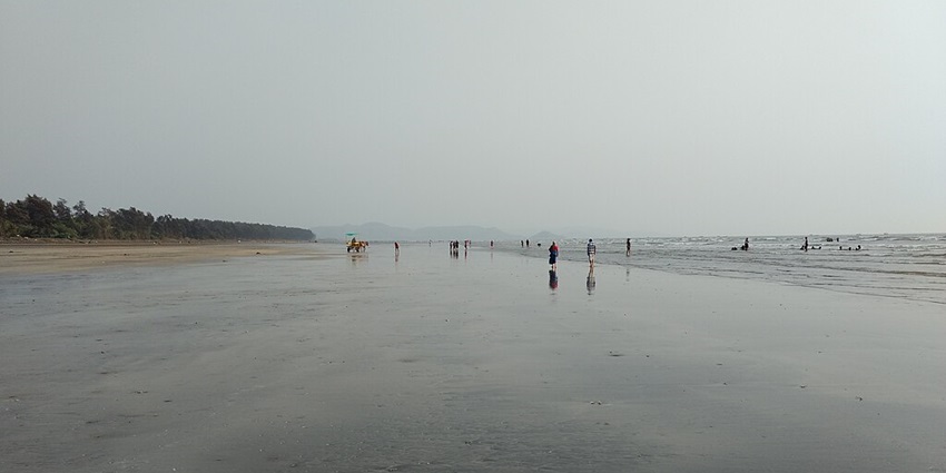 Nagaon Beach in Maharashtra, featuring golden sand and gentle waves under a clear sky.
