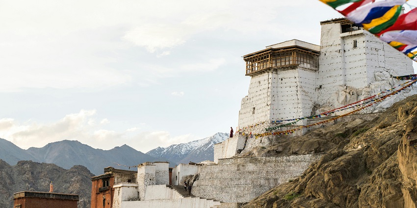 Namgyal Tsemo Monastery is located in Leh and lies on a hill with caps of snow