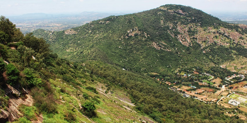 A bird’s eye view of the majestic Nandi Hills decked with patches of lush greenery.
