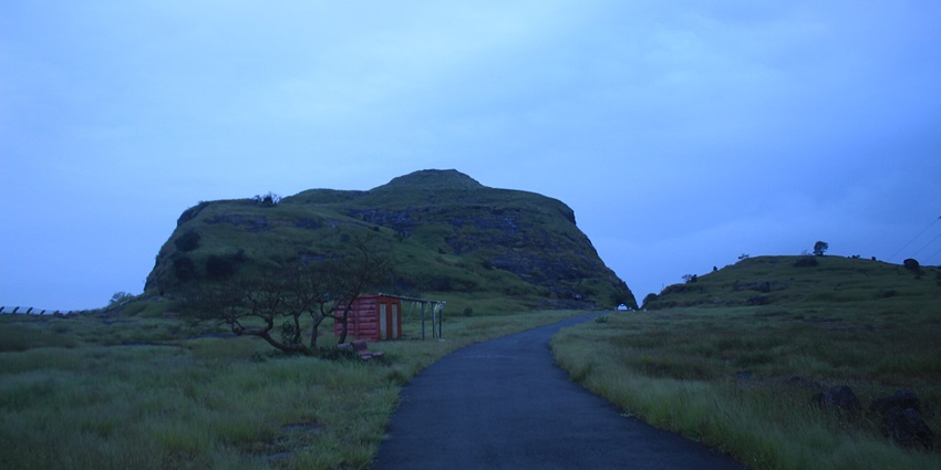 Road leading towards a hill at dusk, with a small red shed and a vast field of grass.