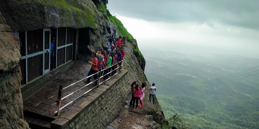 A view of the ancient rock-cut Naneghat Caves, seen from the mountain pass opening.