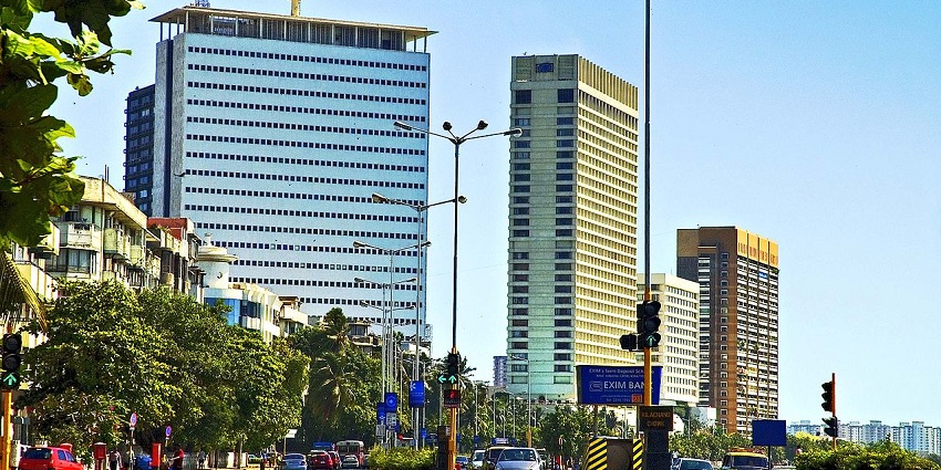 An image with a view of buildings at Nariman Point in Mumbai, showcasing the city's modern skyline, and tourist area near Marine Drive.