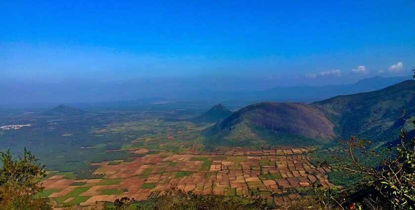 A panoramic view of Tamil Nadu, India, capturing a scenic landscape and rolling green hills.