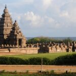 Mamallapuram coastal view in Tamil Nadu, India, featuring ancient rock-cut sculptures.