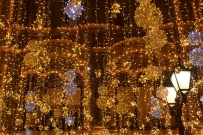 A glimpse of dazzling yellow lights hanging from a hotel at night for big celebrations.