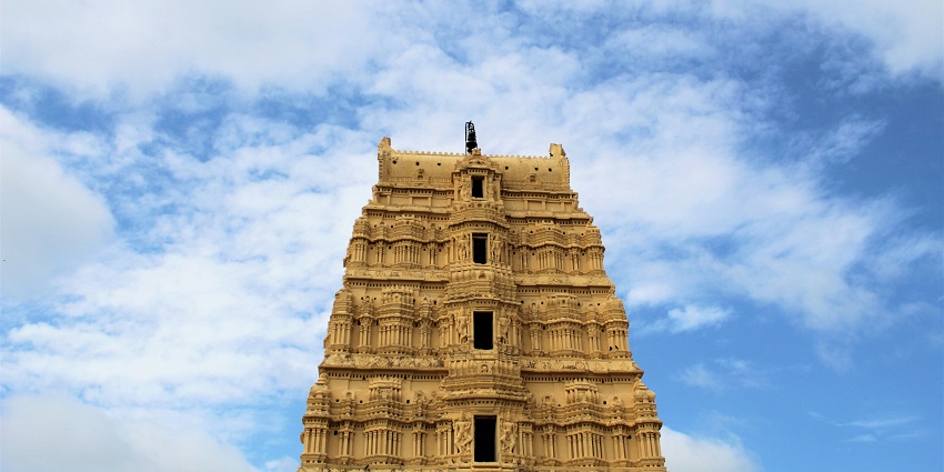 A view of the towering Nimishamba Temple with stunning architecture and tranquility.