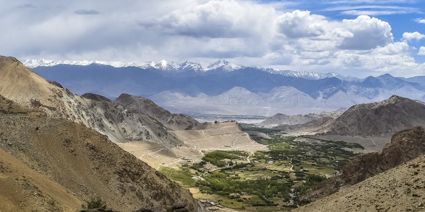 Panoramic snap of the Nubra Valley with the enchanting Himalayas in the background