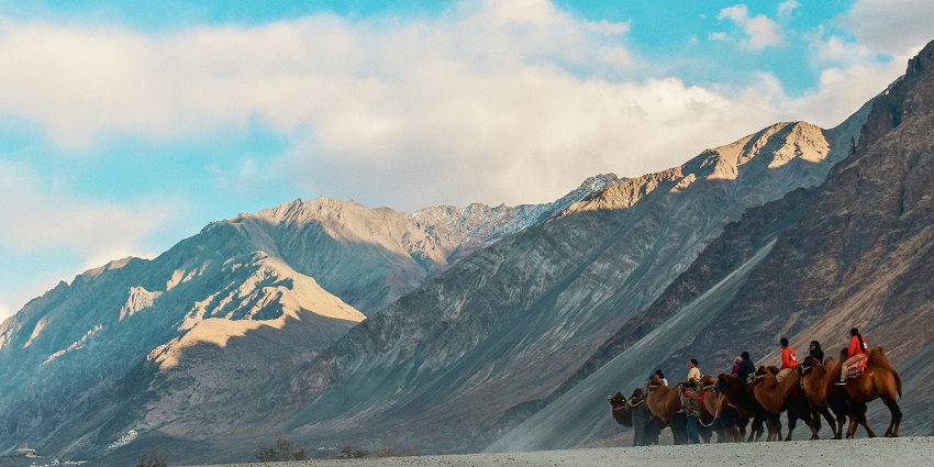A scenic view of Nubra Valley featuring snow-capped mountains and pristine grounds.