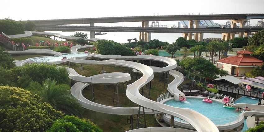 A vibrant water slide at a water park reflecting the exciting slides in Kathmandu's parks.