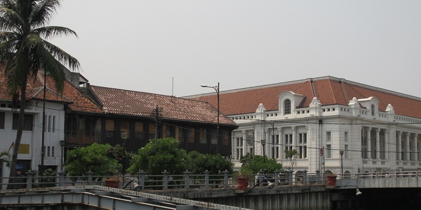 Traditional wooden buildings and offices in Kota Tua with Indonesian architecture.