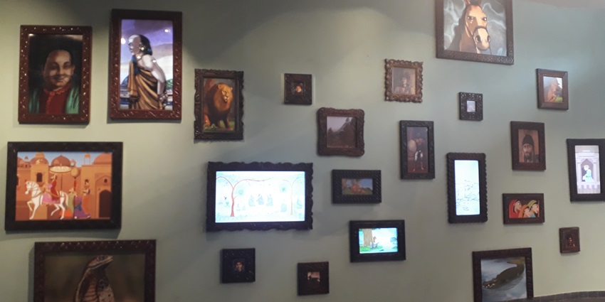 Inside the corridors of the museum with historic relics hanging on the wall