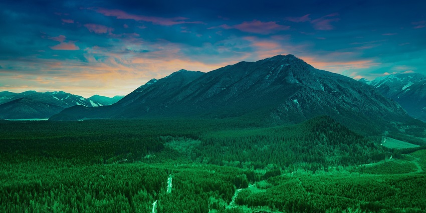 A picture of a national park with multiple trees and greenery around tall hills