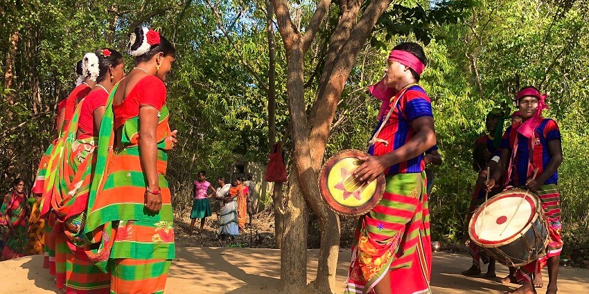 The picture of the Baha Prorob tribe dancing in Jharkhand the rituals of worshiping nature.