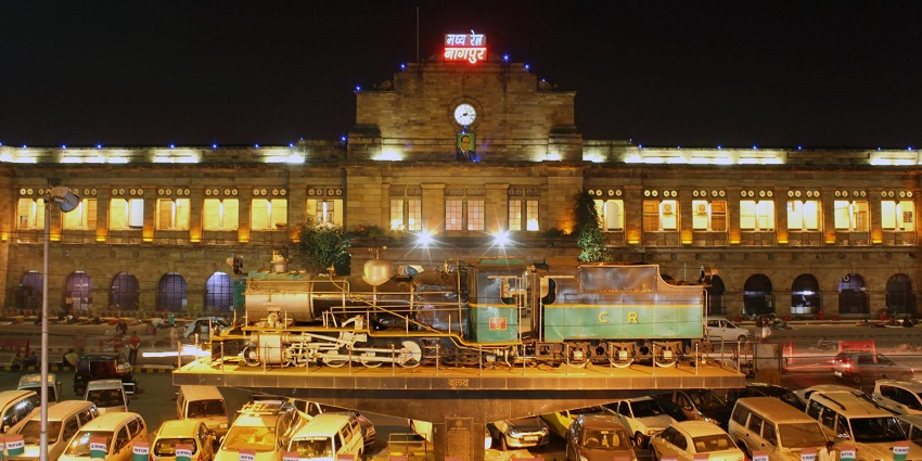 A beautiful view of the Nagpur railway station illuminated with a golden hue