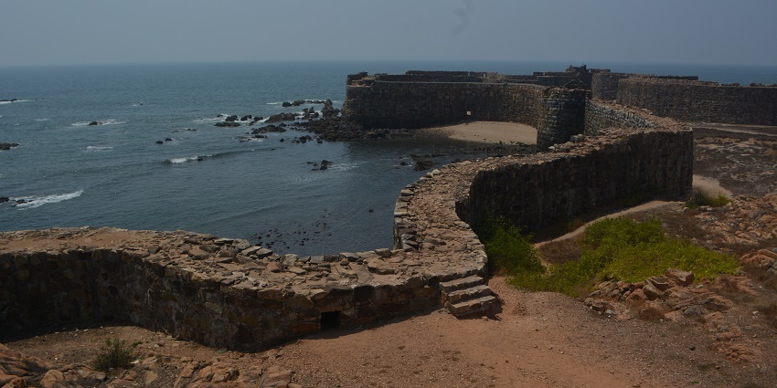 View of Sindhudurg Fort surrounded by sea and green hills in Maharashtra