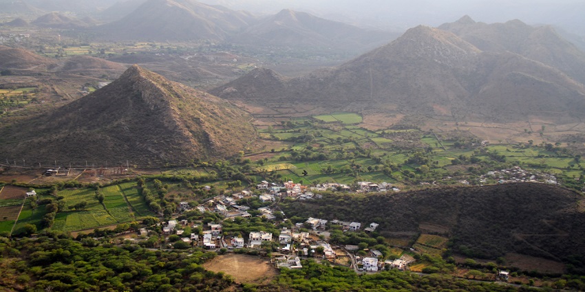 Panoramic view of the beautiful Aravalli and the villages with the farm land amidst the jungle