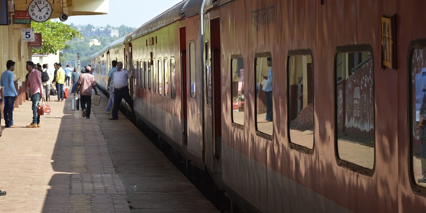 Madgaon Rajdhani trains at Ratnagiri station, showcasing its sleek design and vibrant colours