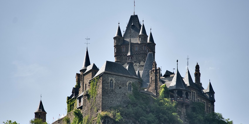 Castle fortification with stone walls, showcasing historic architecture and strength.