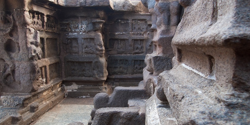 Close-up of the Shore Temple in Mahabalipuram, highlighting detailed stone architecture.