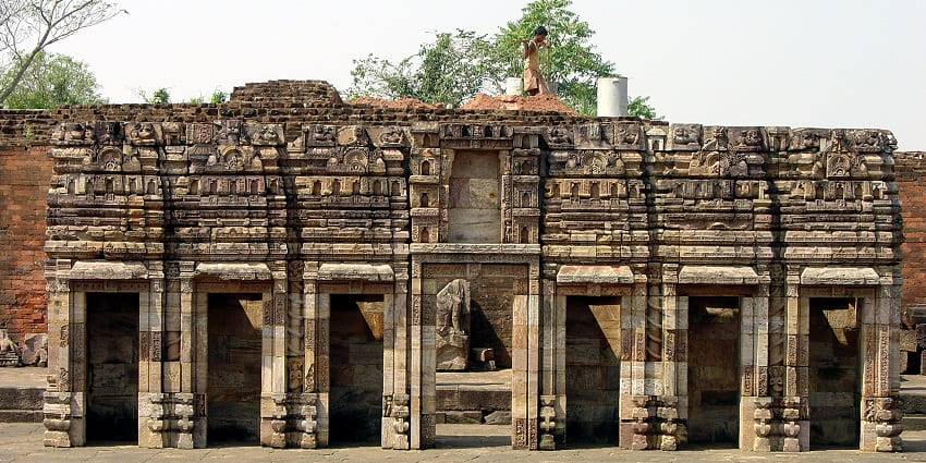 Wide angle view of the temple building, showcasing the architecture style
