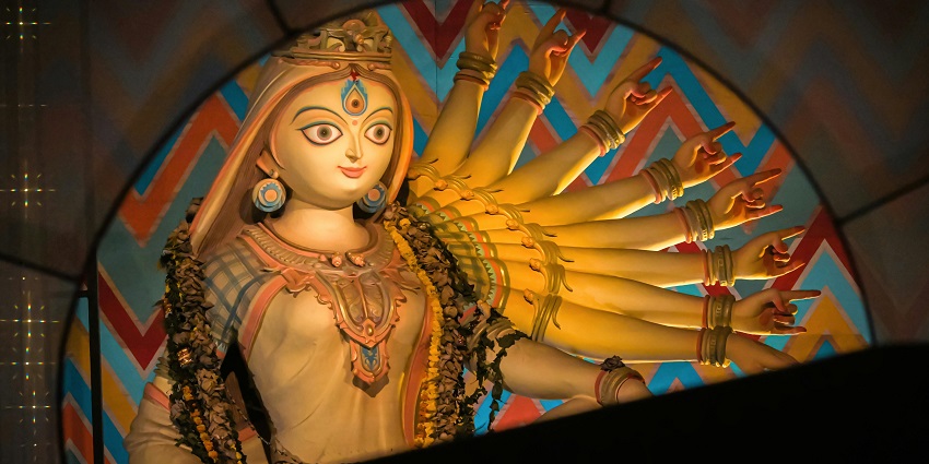 View of a goddess Durga idol inside the temple, offering a spiritual experience