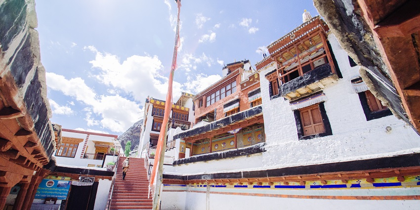 A picture taken inside the Diskit Monastery with the views of intricate architecture