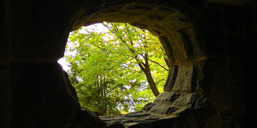 A glimpse view inside a cave surrounded by natural rock formations and greenery.