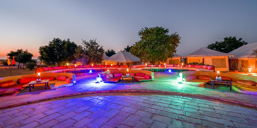 A view of the Prince Desert Camp at dawn near Sam Dunes in Jaisalmer, Rajasthan.