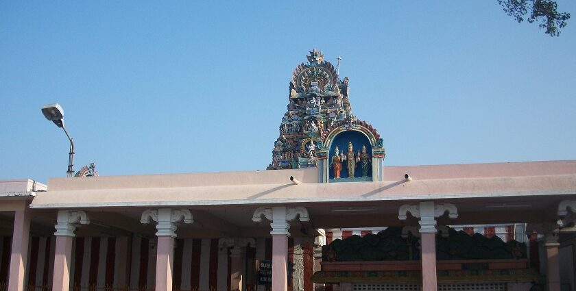 View of the Palani Temple, showcasing its impressive architecture against a clear sky