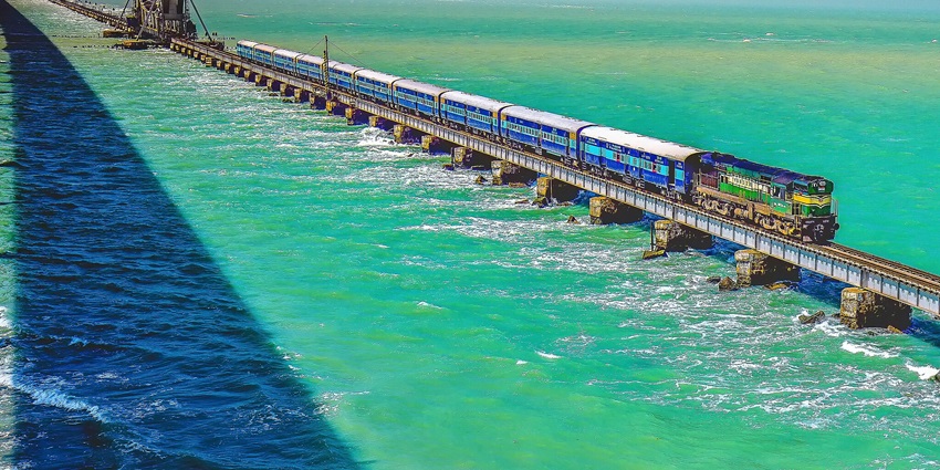 Iconic bridge connecting mainland India to Rameswaram Island.