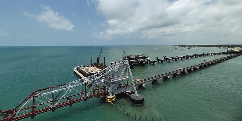 A drone shot of the Pamban Railway Bridge near Uthirakosamangai Temple