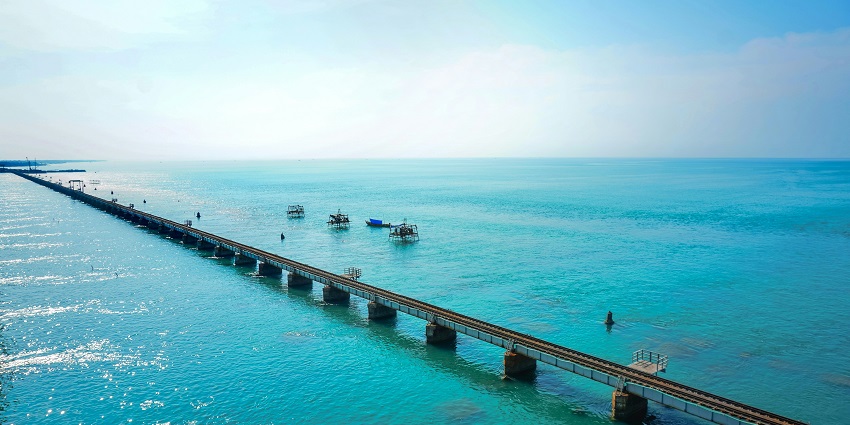 A view of Pamban Bridge, displaying its marvellous cantilever design over the waters.