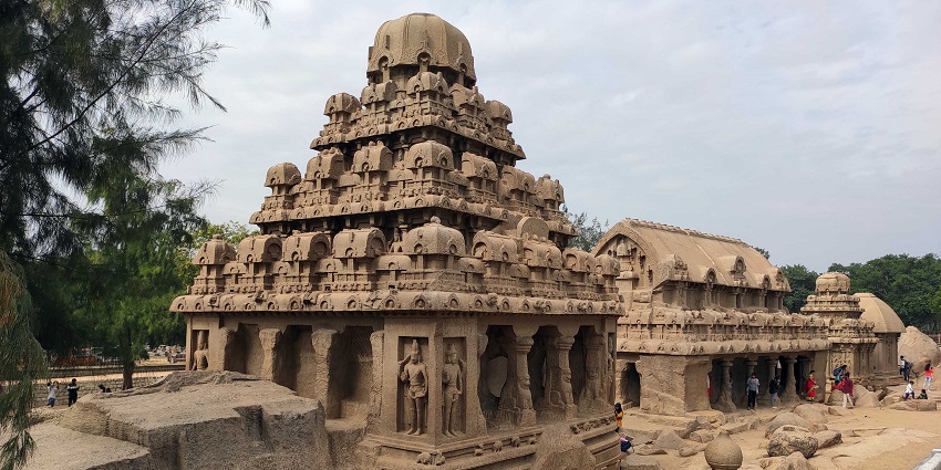 Five intricately carved monolithic structures representing the chariots of Pandavas.