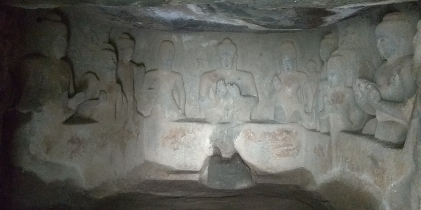 Inside Pandav Leni caves, a famous place near Nashik fort, showcasing ancient art.