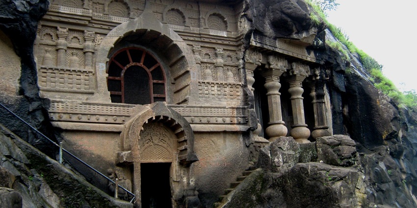 View of Pandavleni Caves' rock-cut structures near Nashik, showcasing ancient architecture