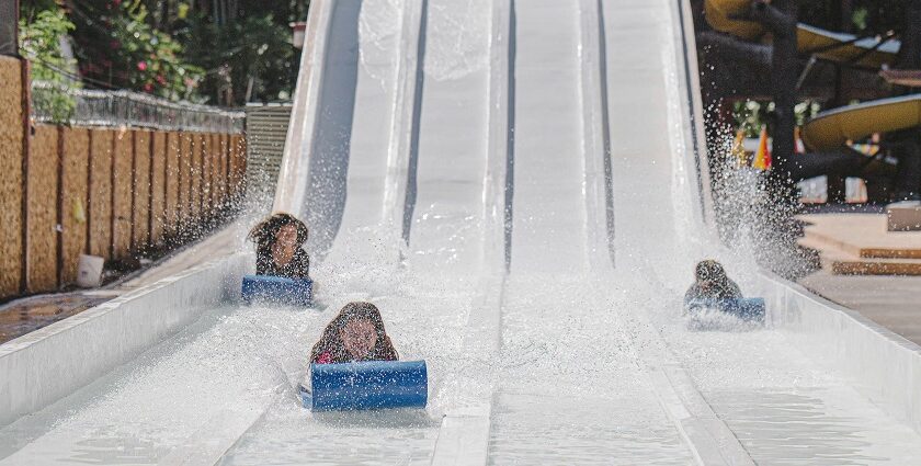 A panoramic view of Pandavleni Water Park, showcasing water slides and pools.