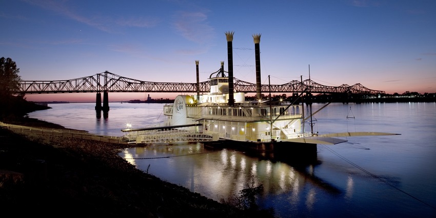 A serene shot of a riverboat casino, one of the casinos in Davenport, Iowa.