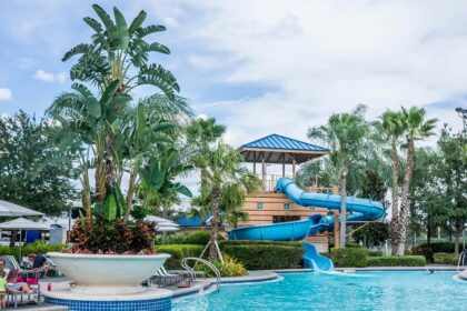 A vibrant view of Paradise funland Water Park showcasing exciting water slides, a wave pool, and greenery