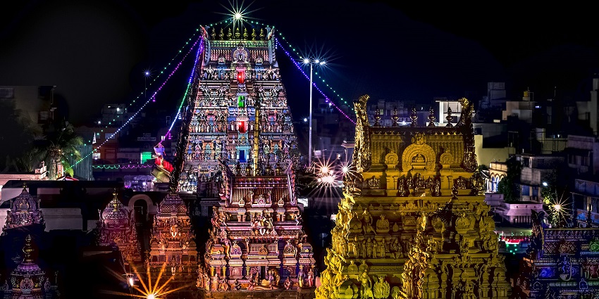 A vibrant image of a popular temple in Chennai during the Shri Vaikunda Ekaadasi festival
