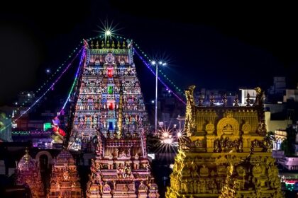 Parthasarathy Temple decorated with colourful lights during Vaikunta Ekadashi