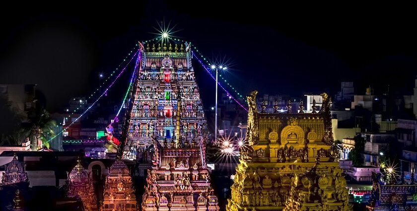 Parthasarathy Temple decorated with colourful lights during Vaikunta Ekadashi