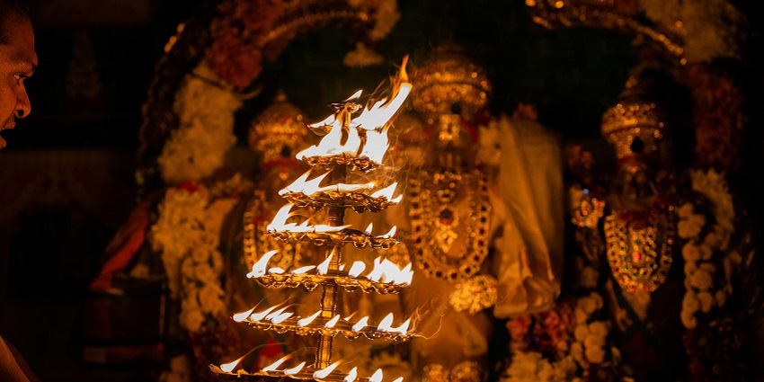 View of the diyas used for the special aarti inside the temple