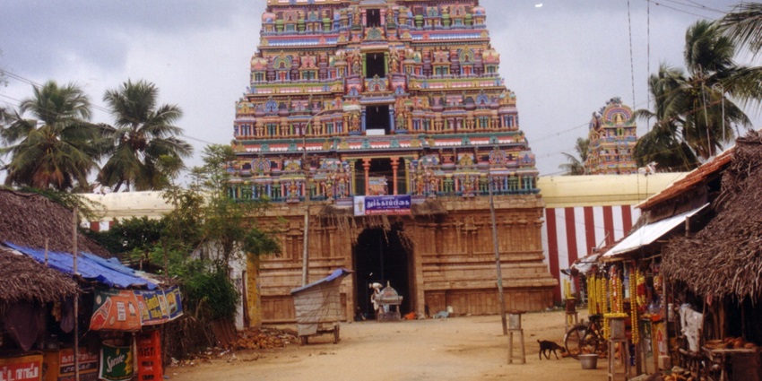 Colorful towering gopuram of Patteeswaram Durgai Amman Temple entrance