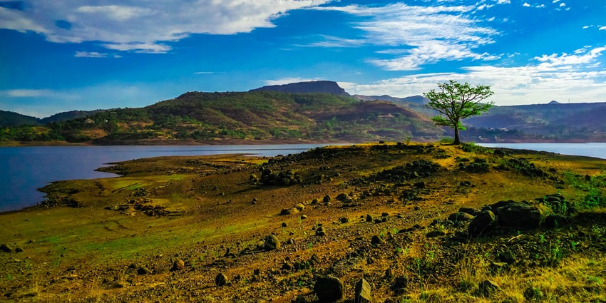 Image of Pawna Lake in Summer however people go for camp and stargaze at night near the lake
