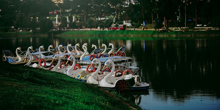 An image of families enjoying pedal boating in Lavasa's scenic lake with lush greenery around.